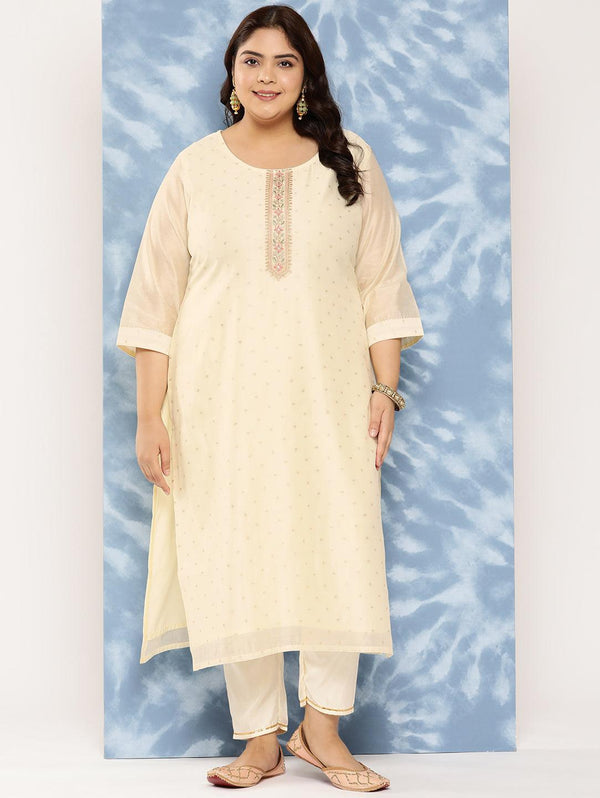 Off White Yoke Design Chanderi Silk Straight Kurta - Jashvi