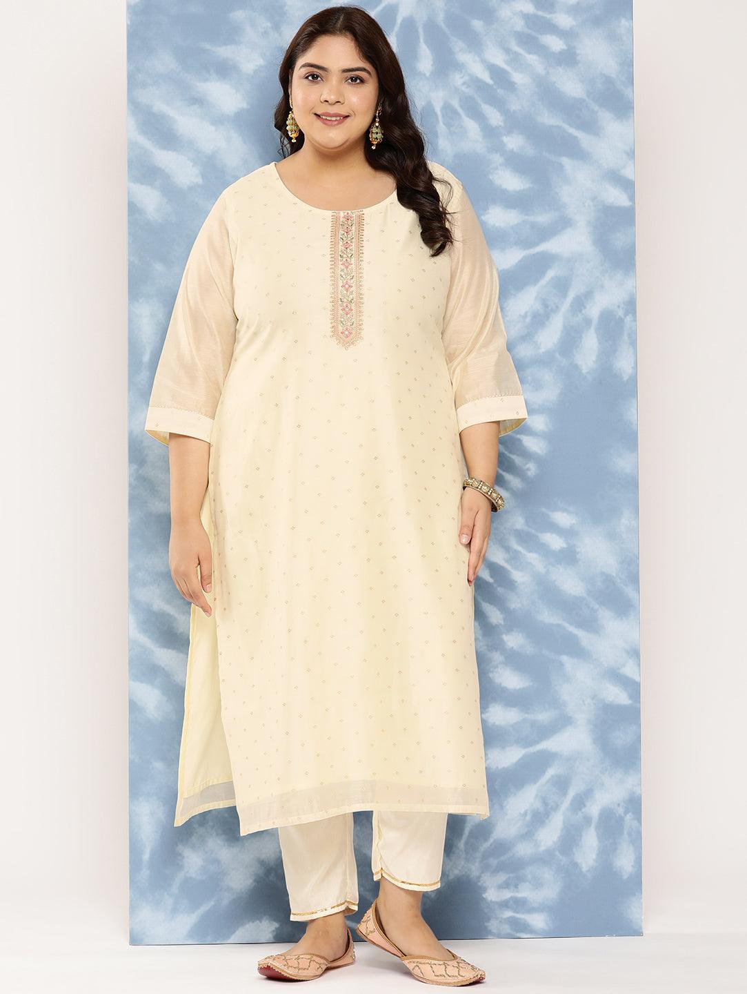 Off White Yoke Design Chanderi Silk Straight Kurta - Jashvi