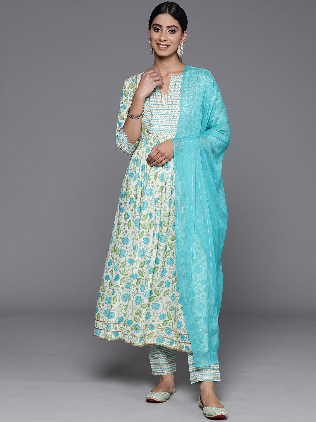 Off White Yoke Design Cotton Anarkali Kurta With Trousers & Dupatta - Jashvi