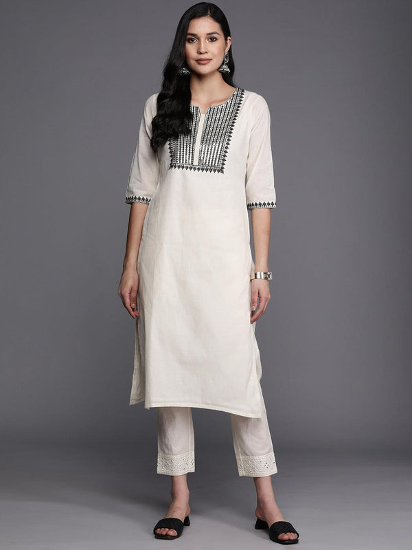 Off White Printed Cotton Straight Kurta - Jashvi