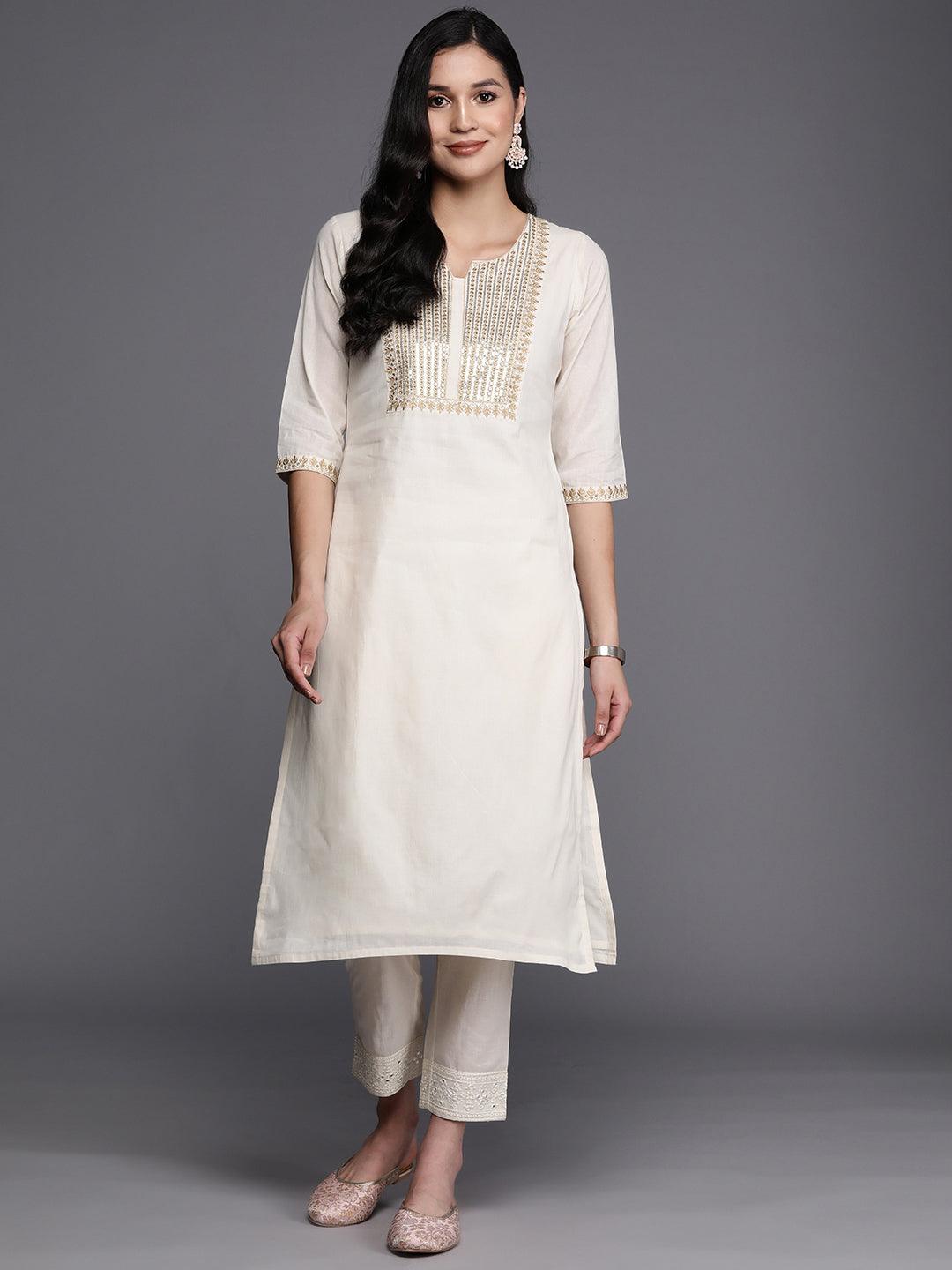 Off White Printed Cotton Straight Kurta - Jashvi