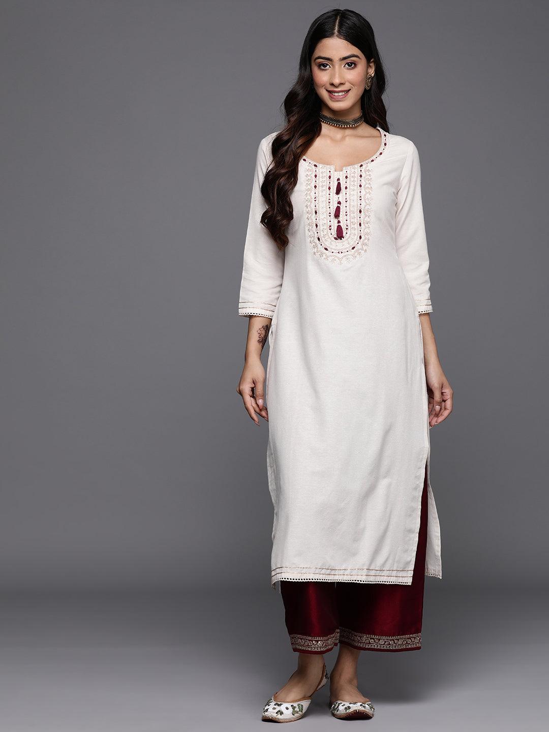 Off White Printed Cotton Straight Kurta - Jashvi