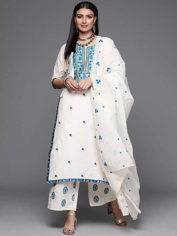 Off White Yoke Design Cotton Suit Set - Jashvi