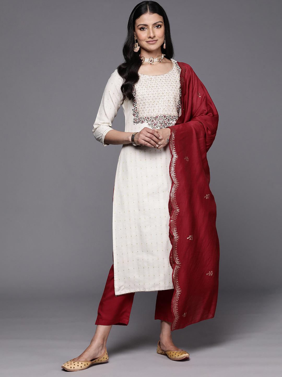 Off White Yoke Design Cotton Straight Suit Set With Trousers - Jashvi