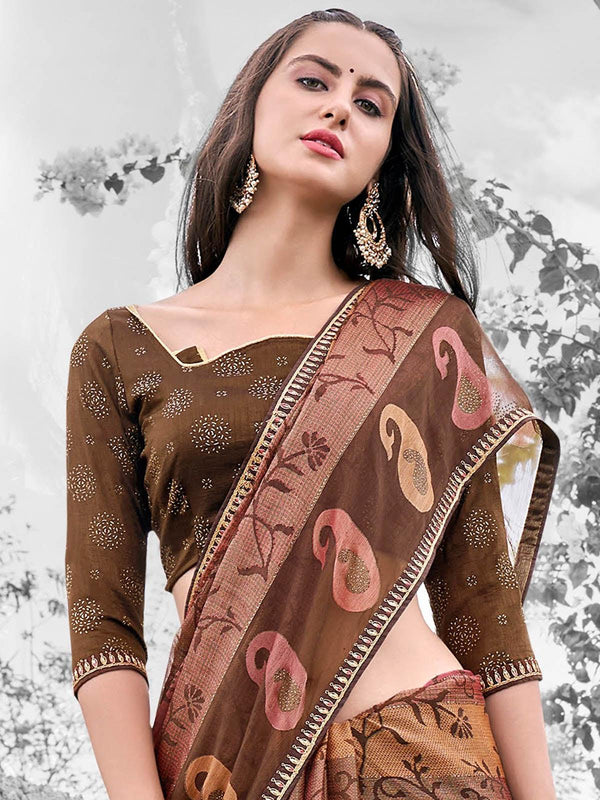 Women's Olive Brasso Printed Saree - Odette