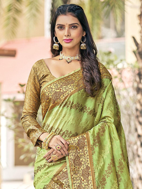 Women's Olive Color Organza Saree With Blouse - Odette