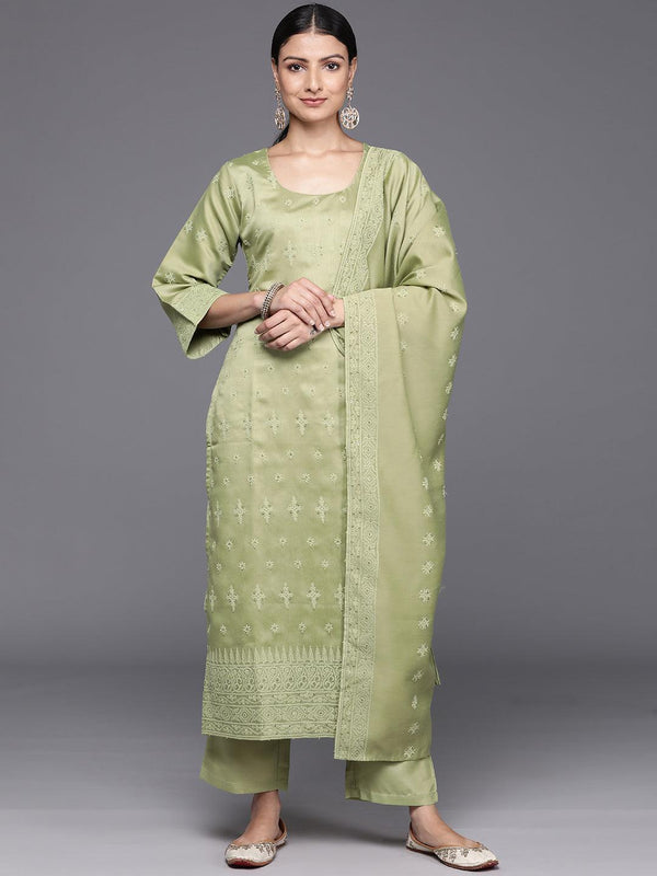 Olive Embroidered Chanderi Silk Straight Kurta With Trousers & Dupatta - Jashvi