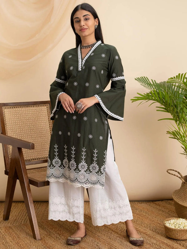 Olive Embroidered Cotton Kurta - Jashvi