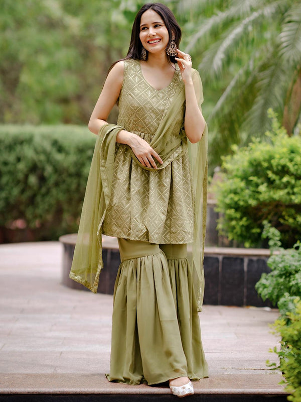 Olive Embroidered Georgette A-Line Kurta With Sharara & Dupatta - Jashvi