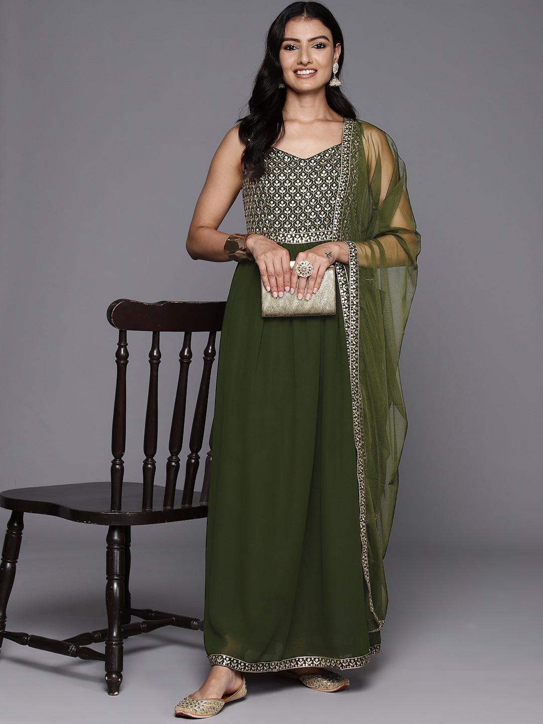 Olive Embroidered Georgette Anarkali Kurta With Trousers & Dupatta - Jashvi