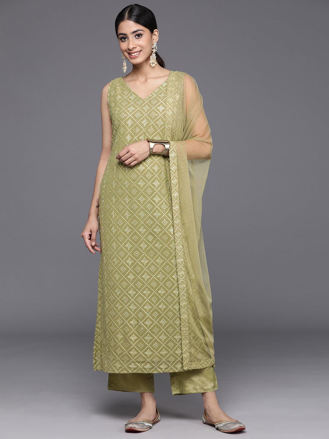 Olive Embroidered Georgette Straight Kurta With Trousers & Dupatta - Jashvi