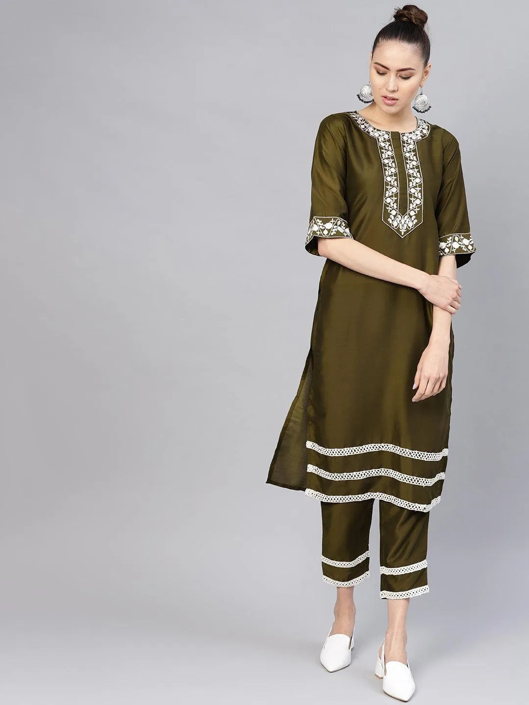 Olive Embroidered Polyester Kurta Set - Jashvi