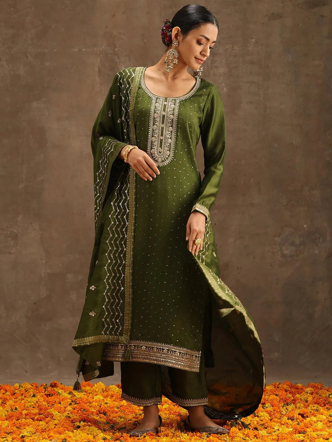 Olive Embroidered Silk Blend Suit Set With Trousers - Jashvi