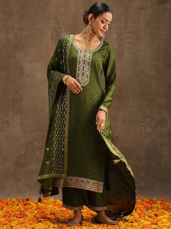 Olive Embroidered Silk Blend Suit Set With Trousers - Jashvi