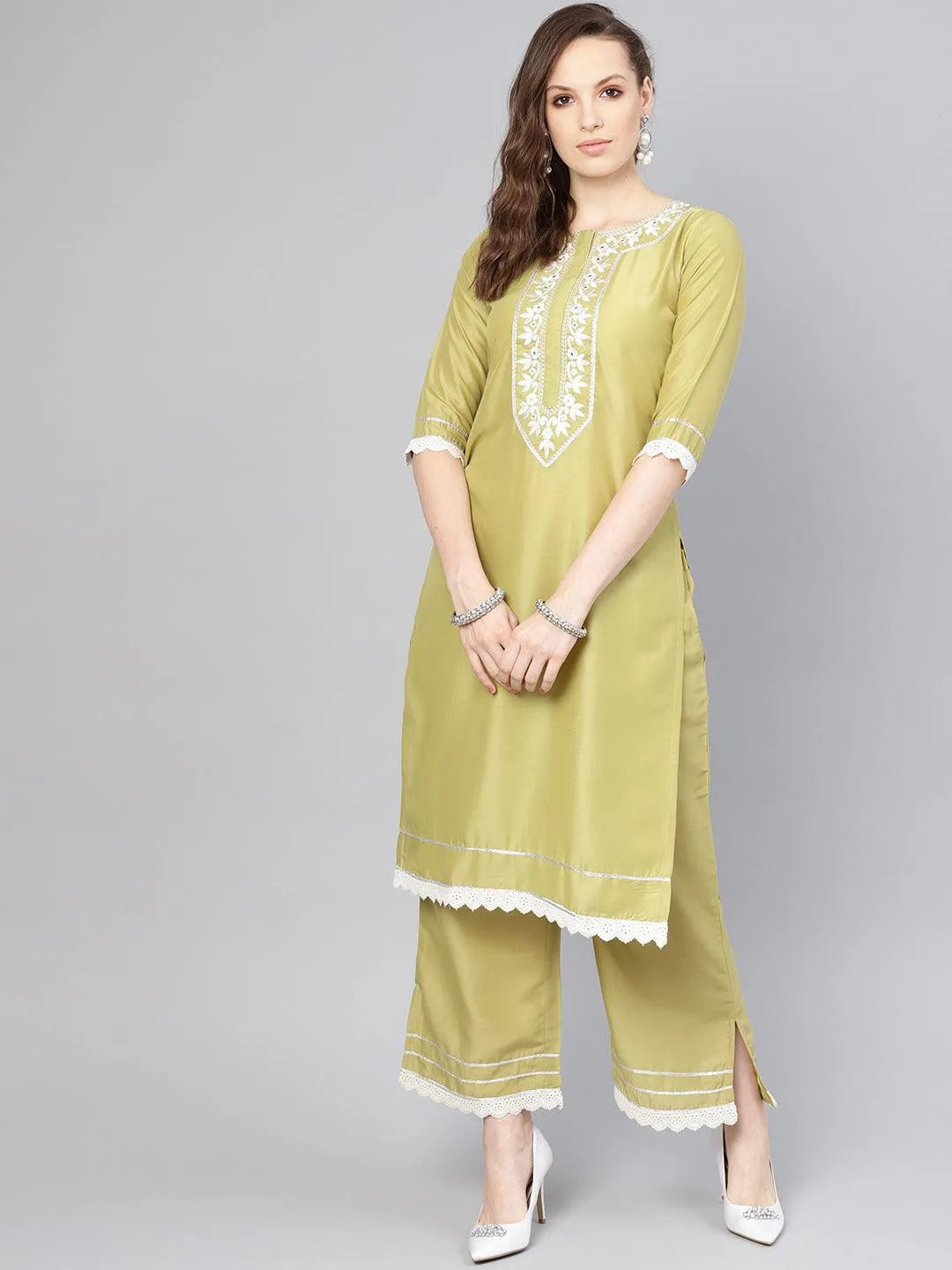 Olive Embroidered Silk Kurta Set - Jashvi