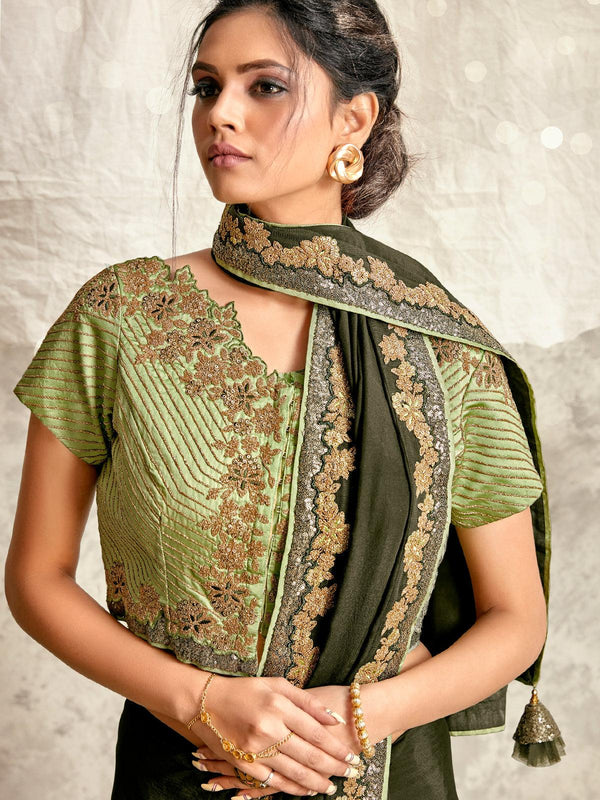 Women's Olive Green Crepe Silk Designer Saree With Blouse - Odette