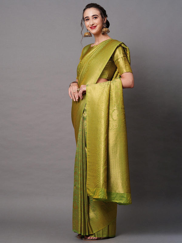 Women's Olive Green Festive Silk Blend Woven Design Saree With Unstitched Blouse - Odette