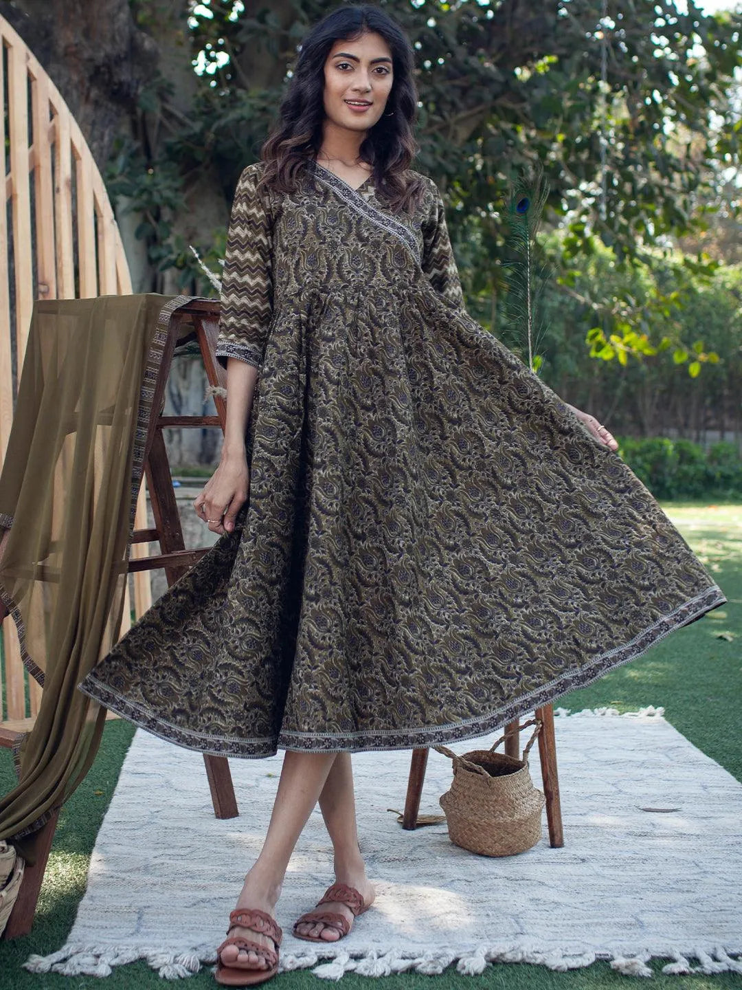 Olive Green Printed Cotton Dress - Jashvi