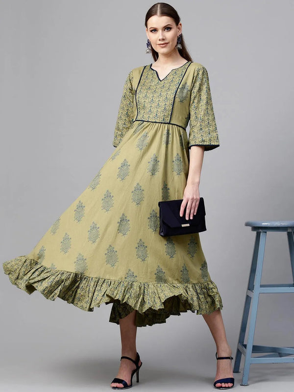 Olive Green Printed Cotton Dress - Jashvi