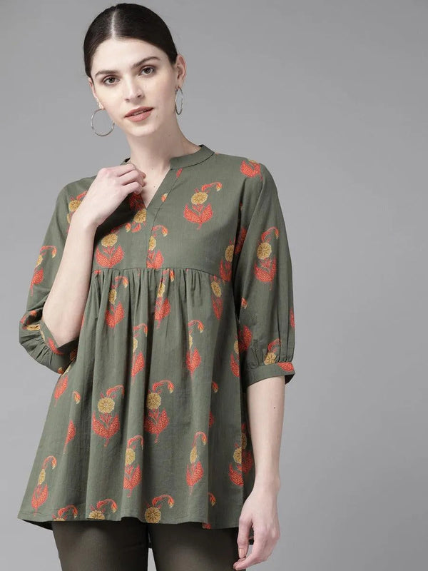 Olive Green Printed Cotton Kurti - Jashvi