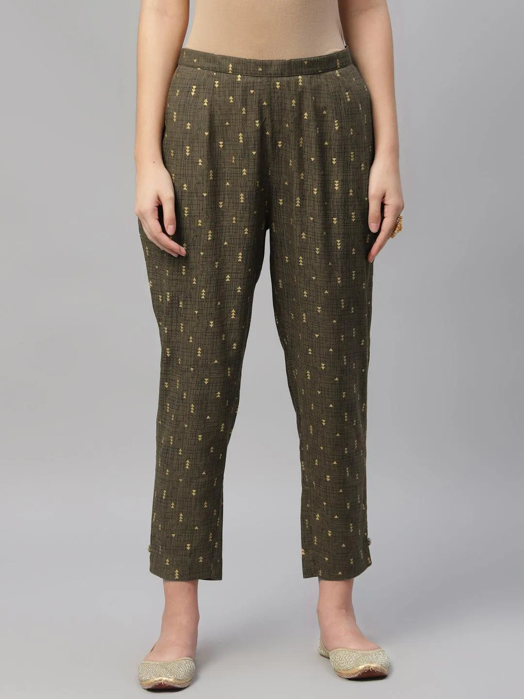 Olive Green Printed Cotton Trousers - Jashvi