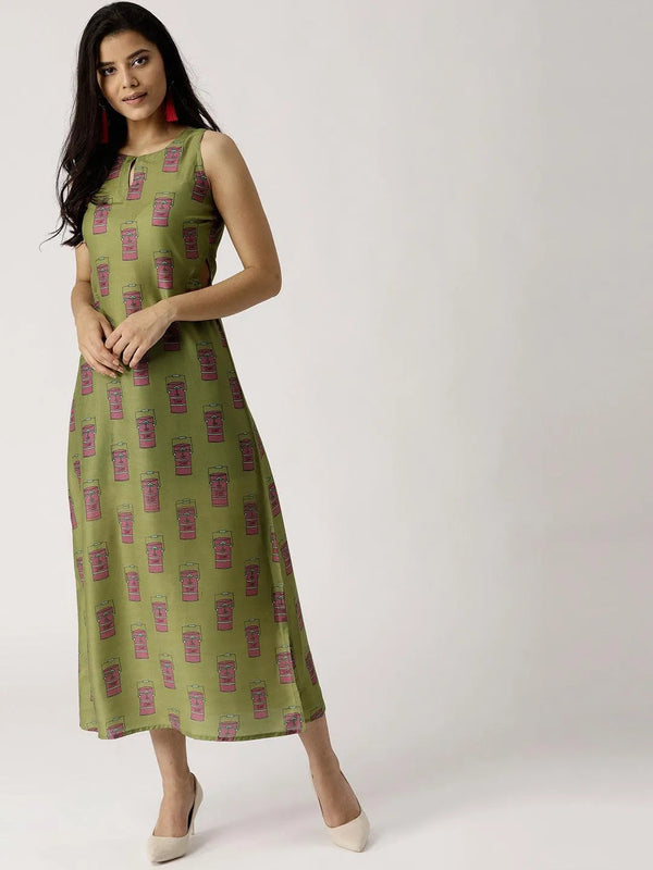 Olive Green Printed Silk Dress - Jashvi