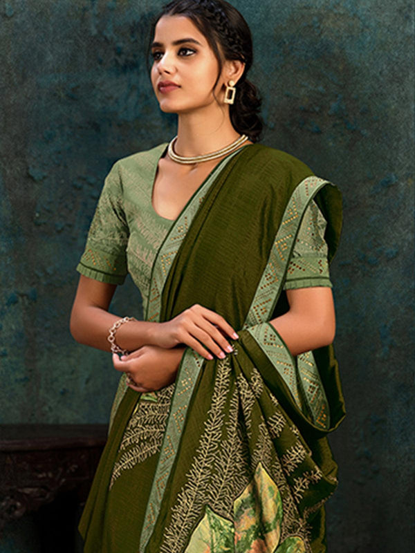 Women's Olive Green Silk Georgette Designer Saree With Blouse - Odette