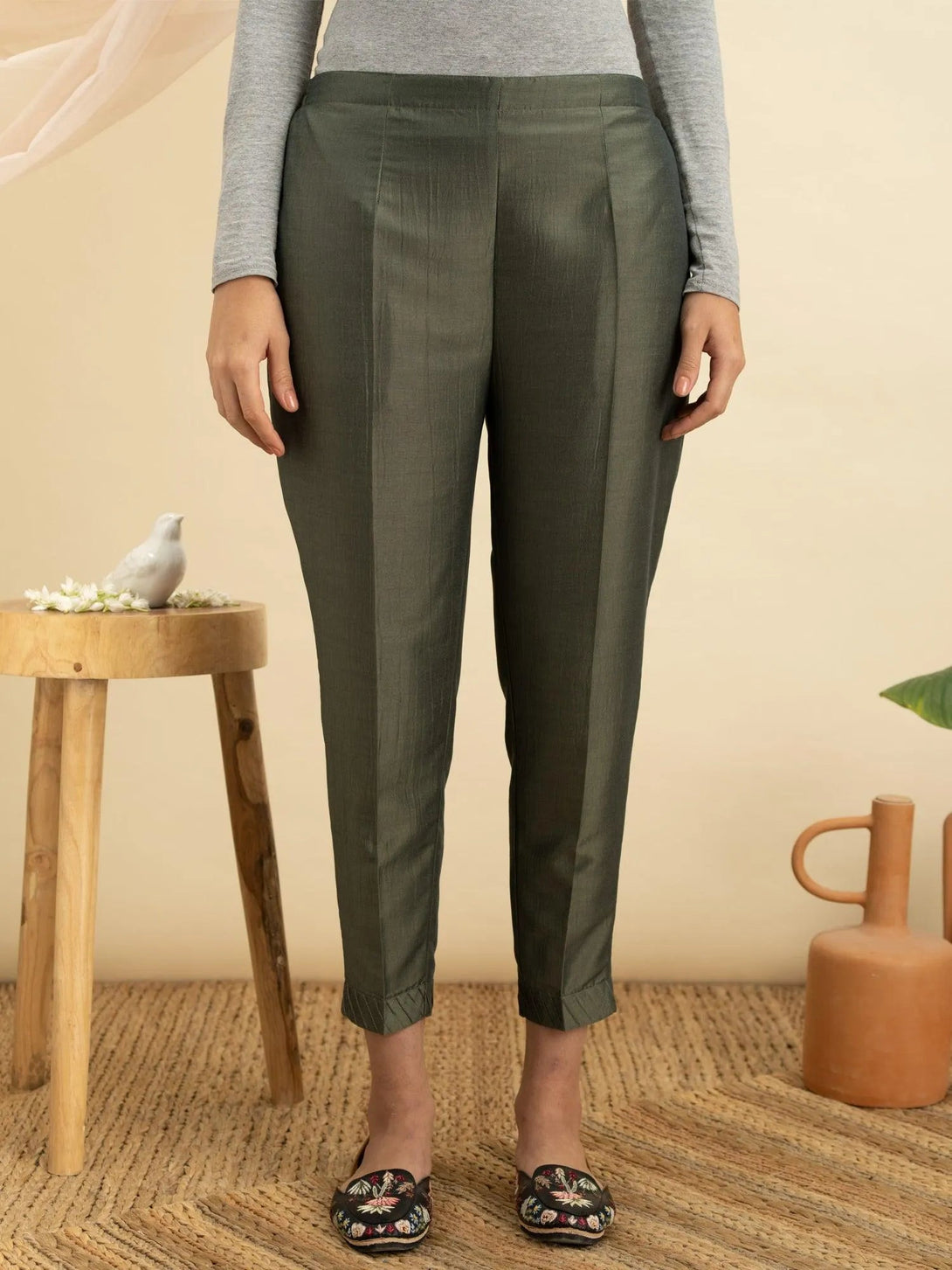 Olive Green Solid Silk Trousers - Jashvi