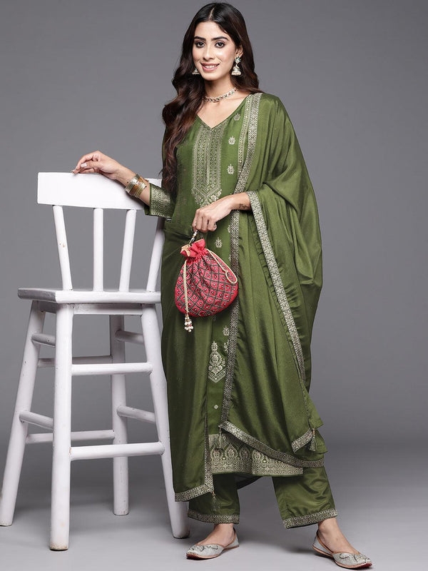 Olive Green Woven Design Silk Blend Straight Kurta With Trousers & Dupatta - Jashvi