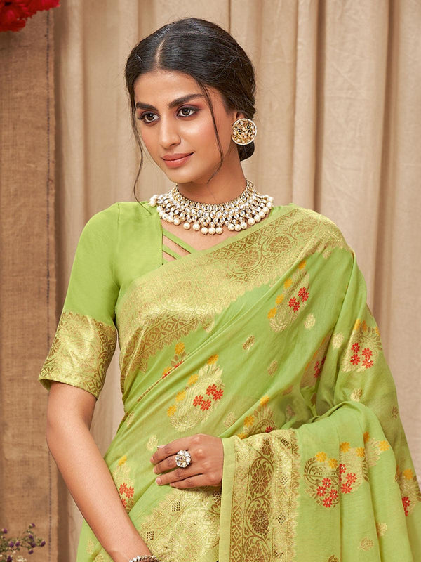 Women's Olive Heavy Zari Woven Cotton Saree - Odette