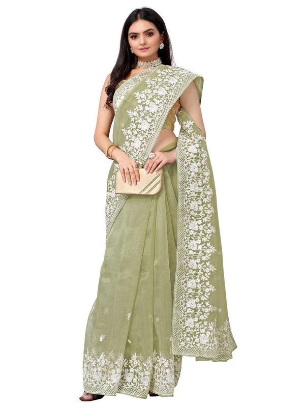 Women's Olive Organza Embroidered Saree With Blouse - Odette