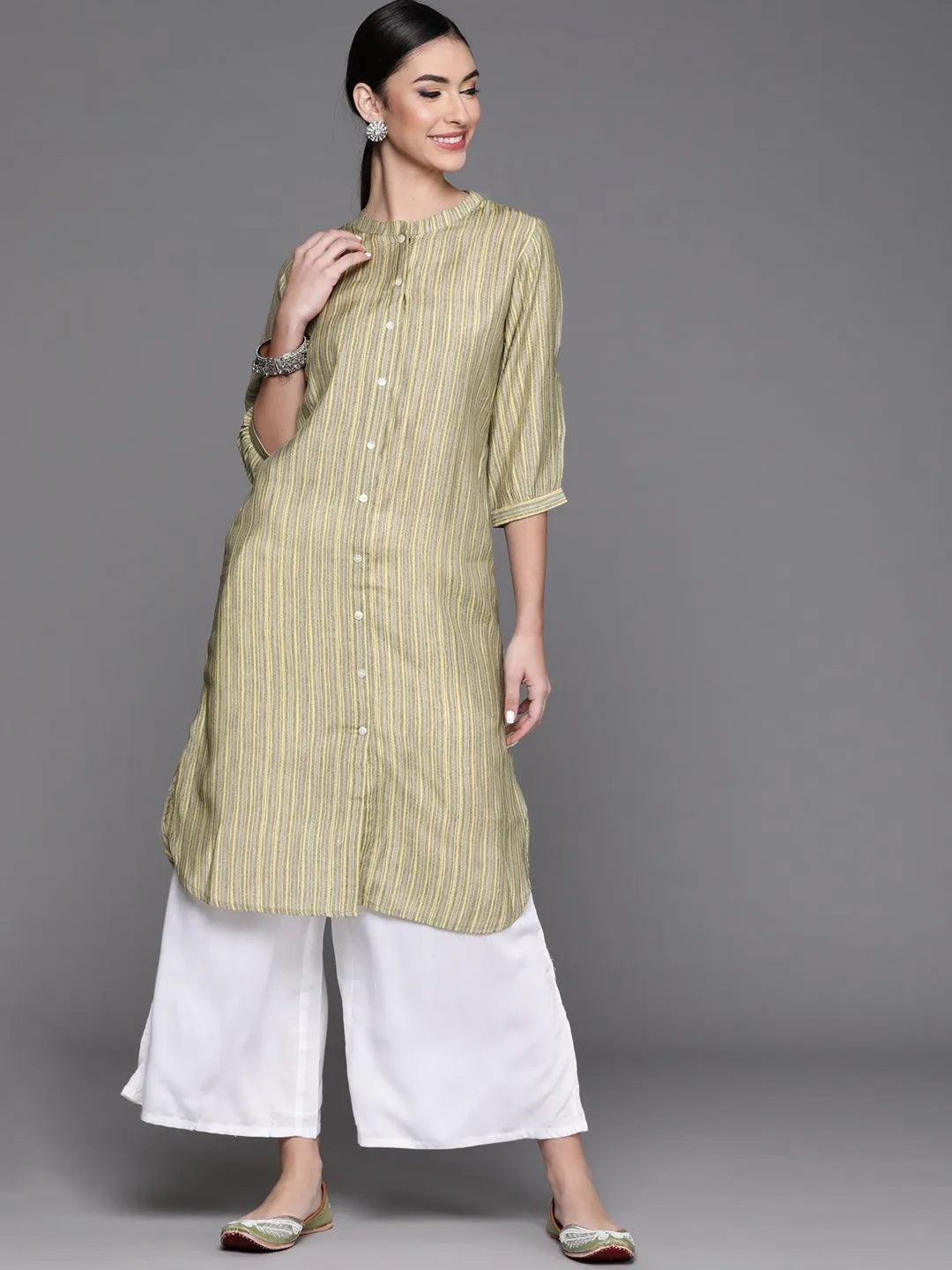 Olive Printed Chanderi Silk Kurta - Jashvi