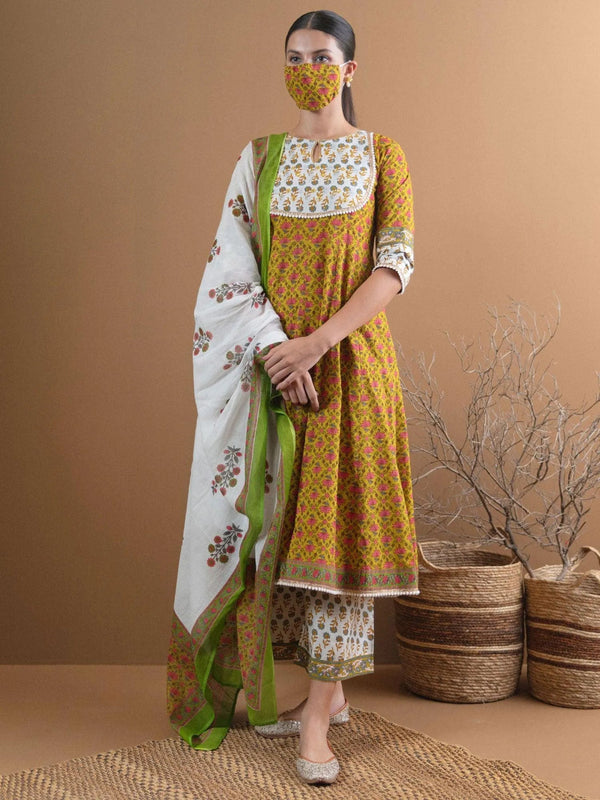 Olive Green Printed Cotton Suit Set With Mask - Jashvi