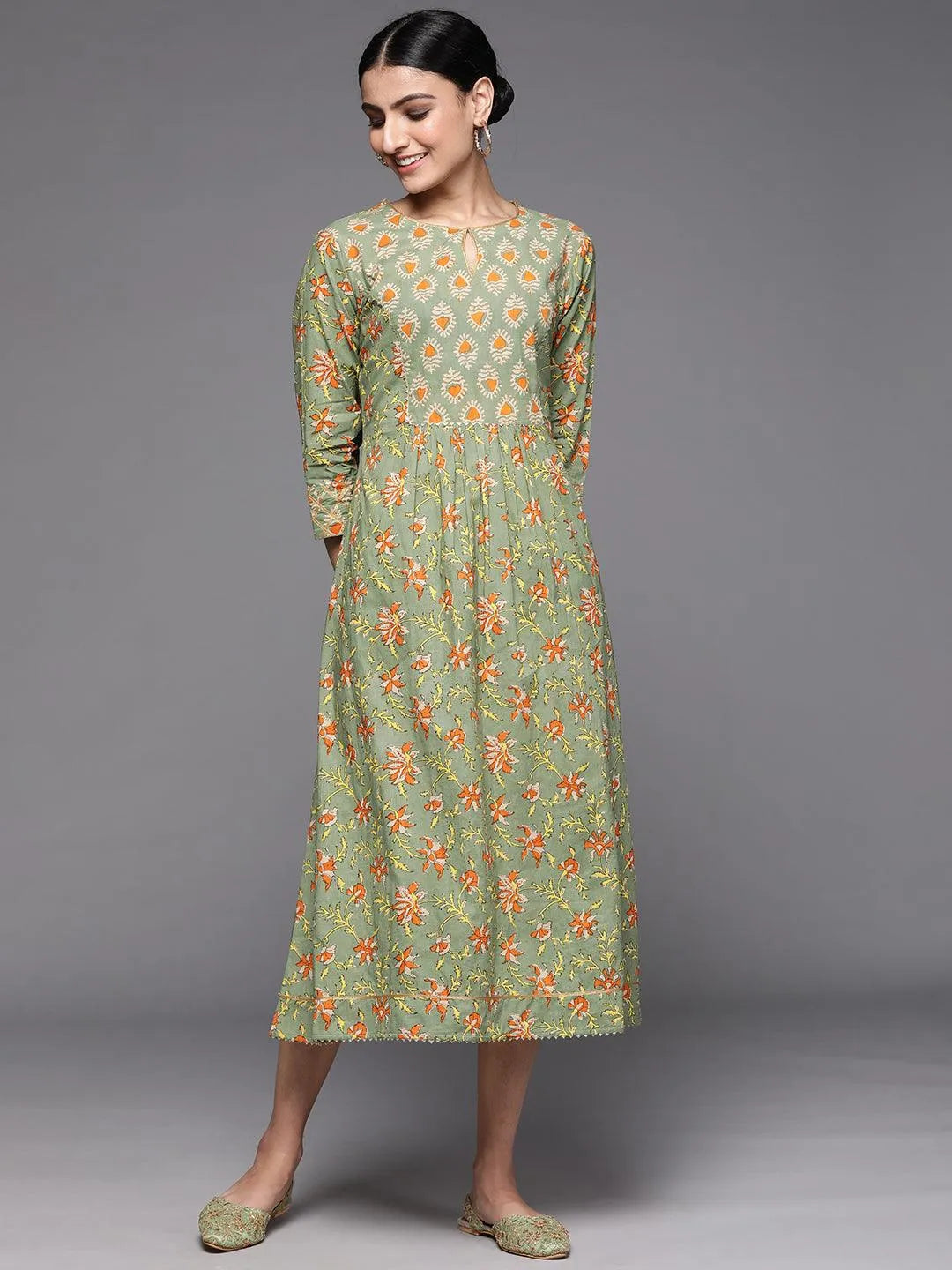 Olive Printed Cotton Dress - Jashvi