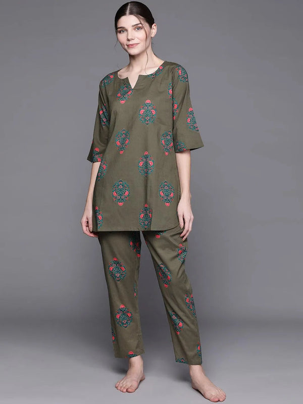 Olive Printed Cotton Night Suit - Jashvi