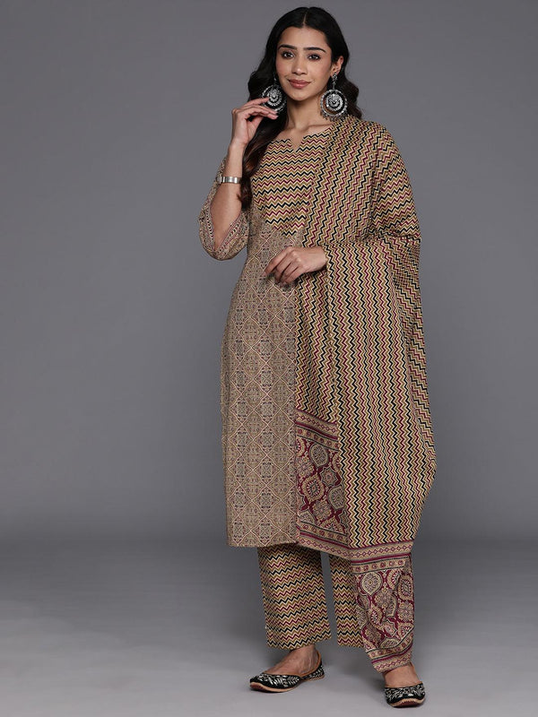 Olive Printed Cotton Straight Kurta With Palazzos & Dupatta - Jashvi