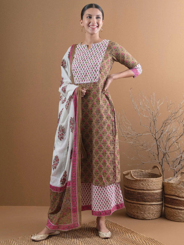 Olive Green Printed Cotton Suit Set - Jashvi