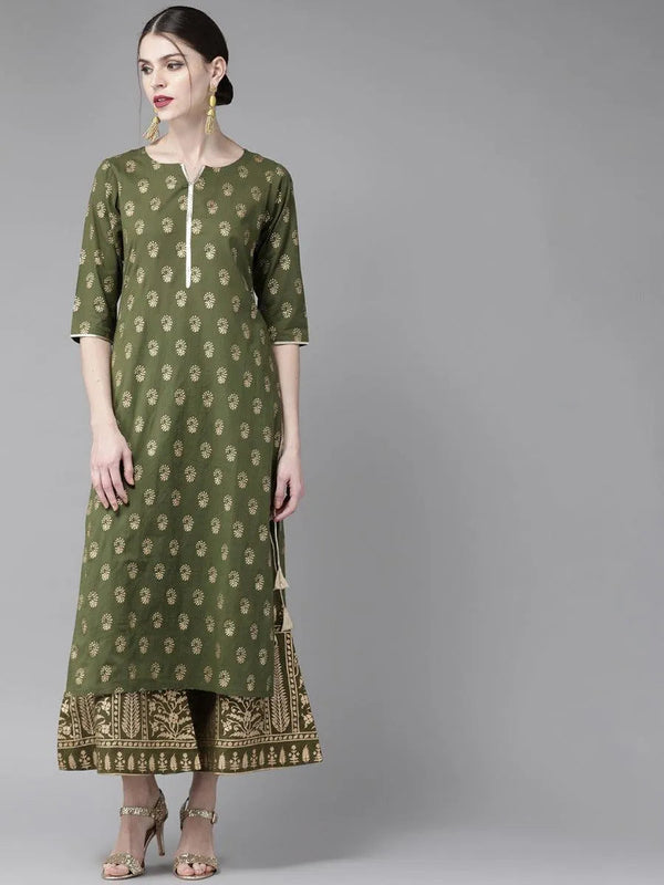 Olive Green Printed Cotton Kurta Set - Jashvi