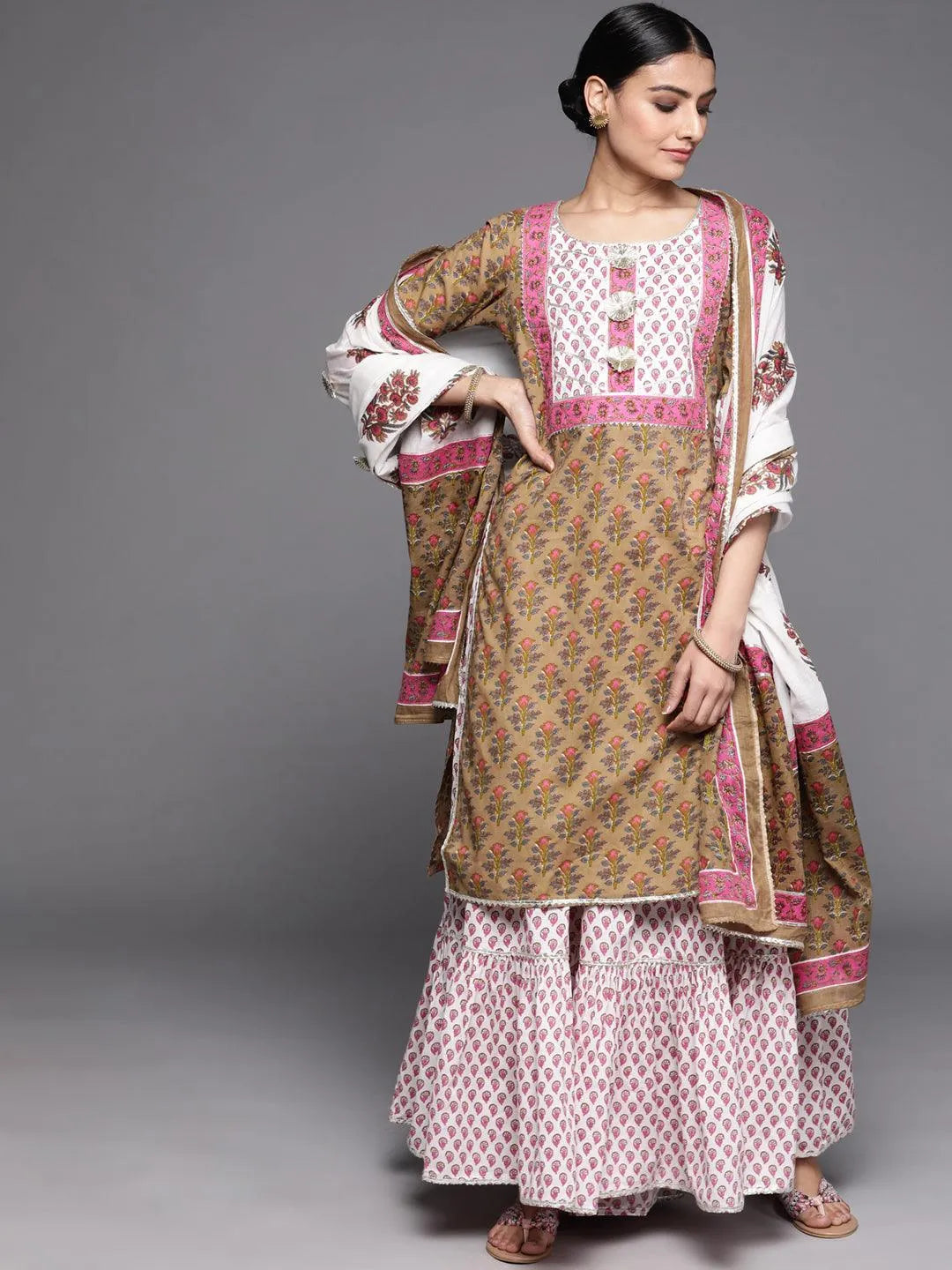 Olive Printed Cotton Suit Set - Jashvi