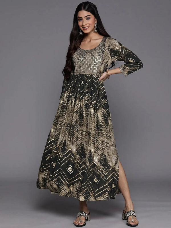 Olive Printed Fit and Flare Rayon Dress - Jashvi