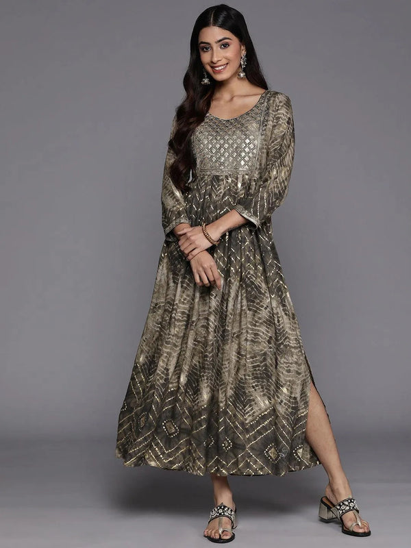 Olive Printed Fit and Flare Rayon Dress - Jashvi