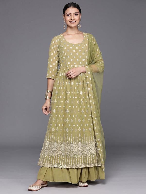 Olive Printed Georgette A-Line Kurta With Palazzos & Dupatta - Jashvi