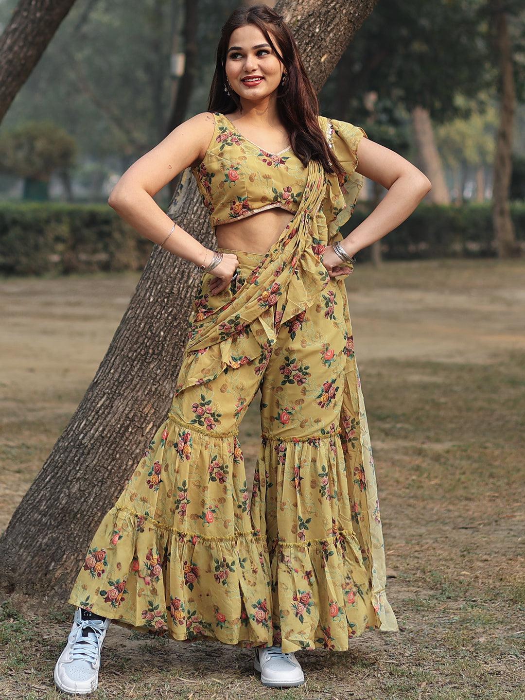 Olive Printed Georgette Palazzo Saree - Jashvi