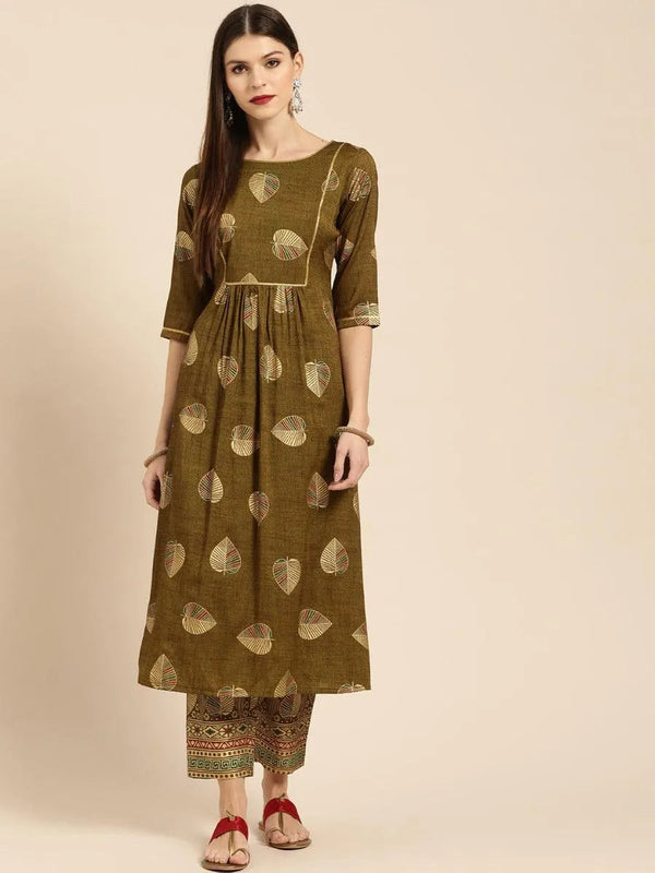 Olive Green Printed Rayon Kurta Set - Jashvi