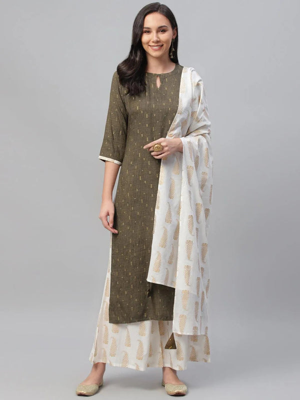 Olive Green Printed Rayon Suit Set - Jashvi