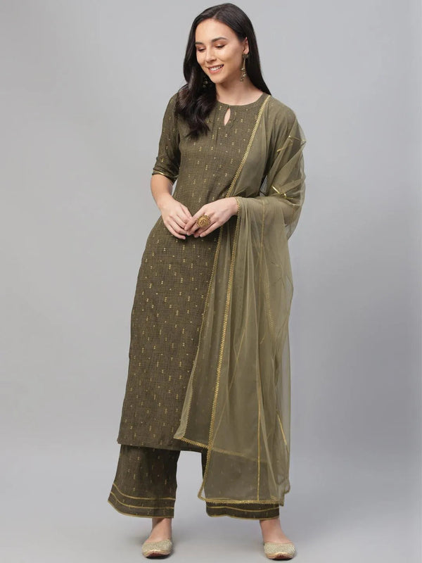 Olive Green Printed Rayon Suit Set - Jashvi