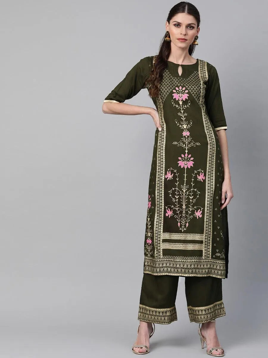 Olive Green Printed Rayon Kurta Set - Jashvi