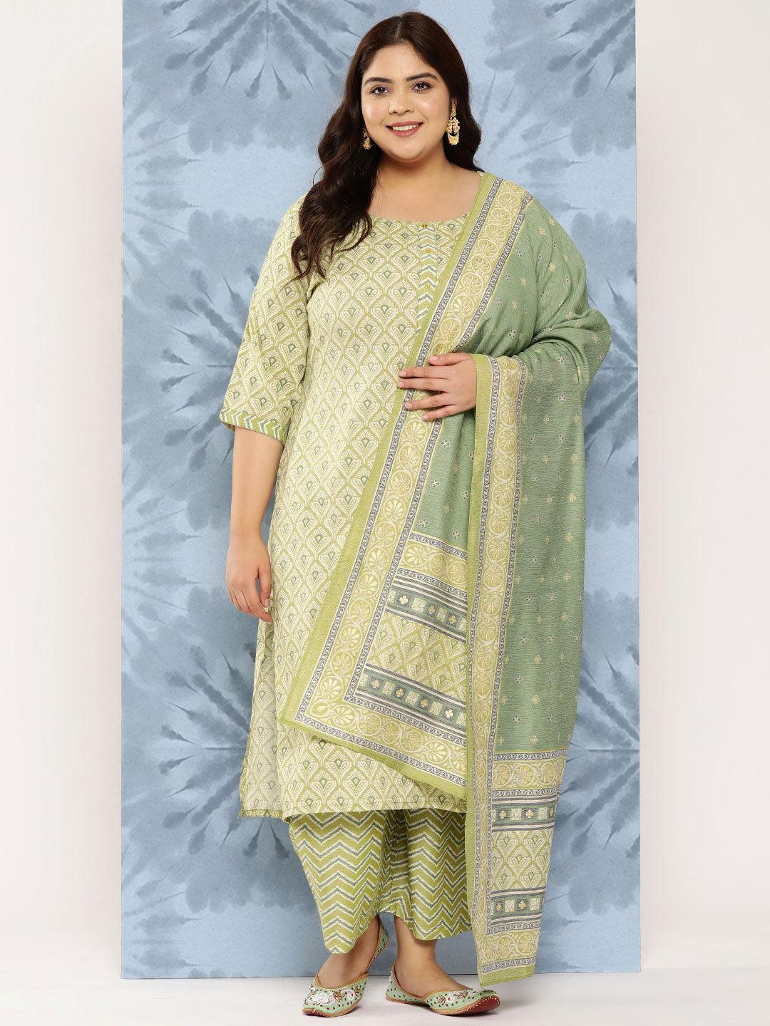 Olive Printed Rayon Straight Kurta With Trousers and Dupatta - Jashvi