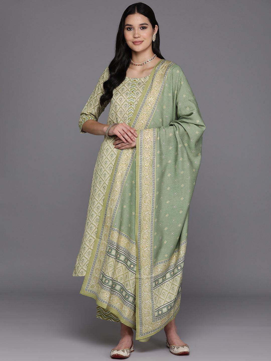 Olive Printed Rayon Straight Suit Set With Trousers - Jashvi