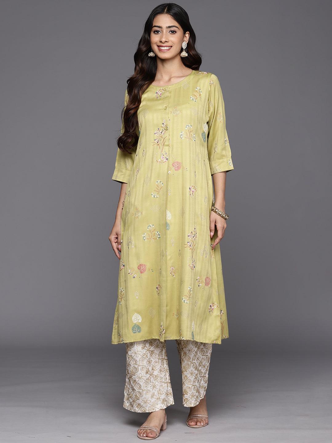 Olive Printed Silk A-Line Kurta - Jashvi